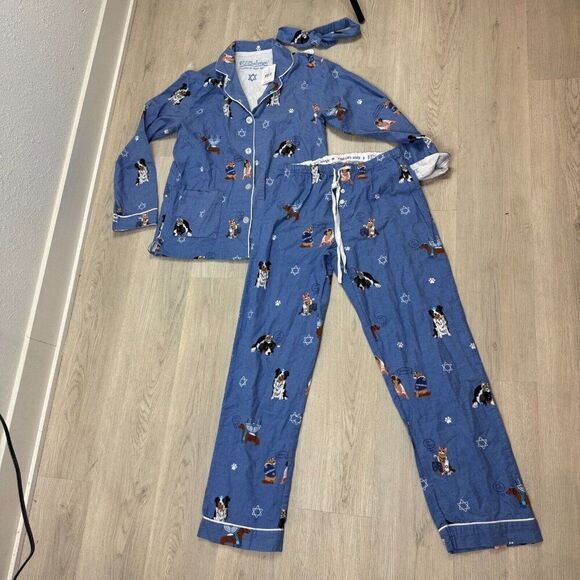 PJ Salvage Hanukkah Cats and Dogs Cotton Flannel Pajama Set Womens Small Blue - Picture 2 of 6